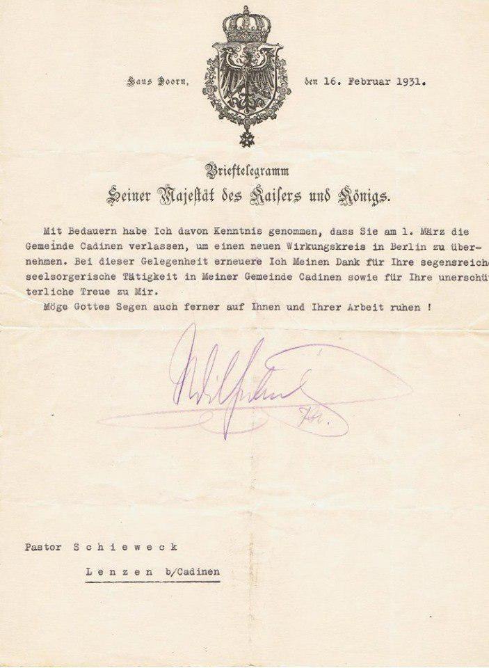Telegram Kaiser Wilhelms II. aus Doorn, 1931